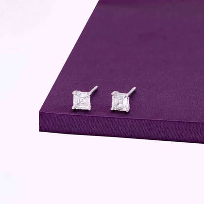 Small Square Solitaire Stud Earrings-White Stone / Silver