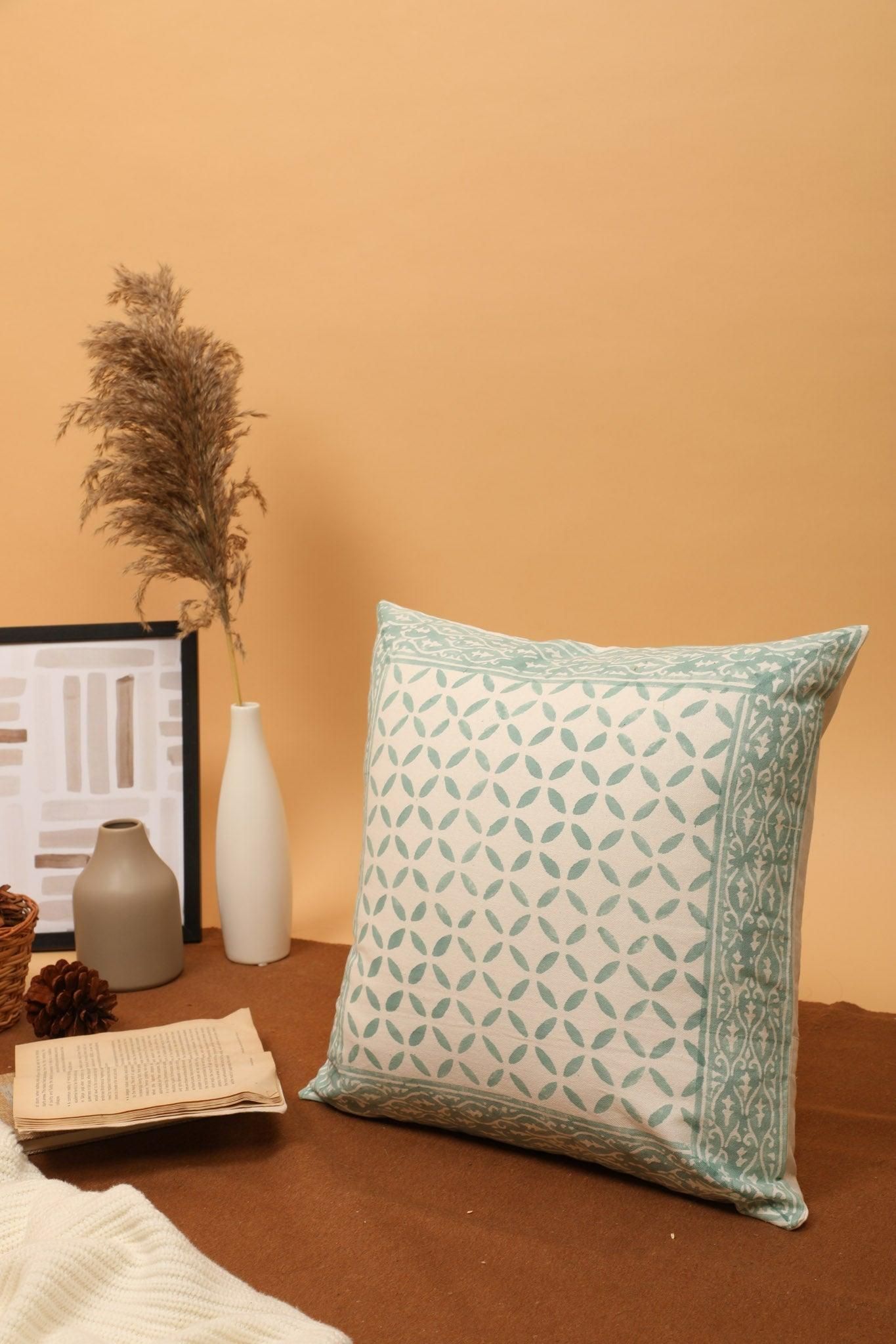 Summer Green Cushion Cover - Block Printed-Single Piece / 45 x 45