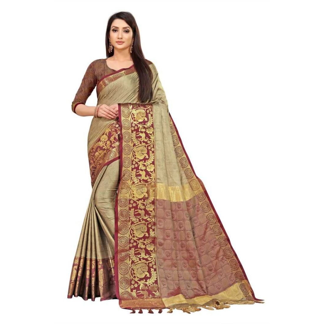 Generic Women's Cotton Silk  Saree with Blouse (Beige, 5 - 6 Mtrs)