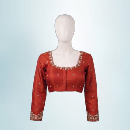 Designer Maggam Work Silk Blouse (Rust Orange) | Intricate Hand Embroidery | Ethnic Festive Wear