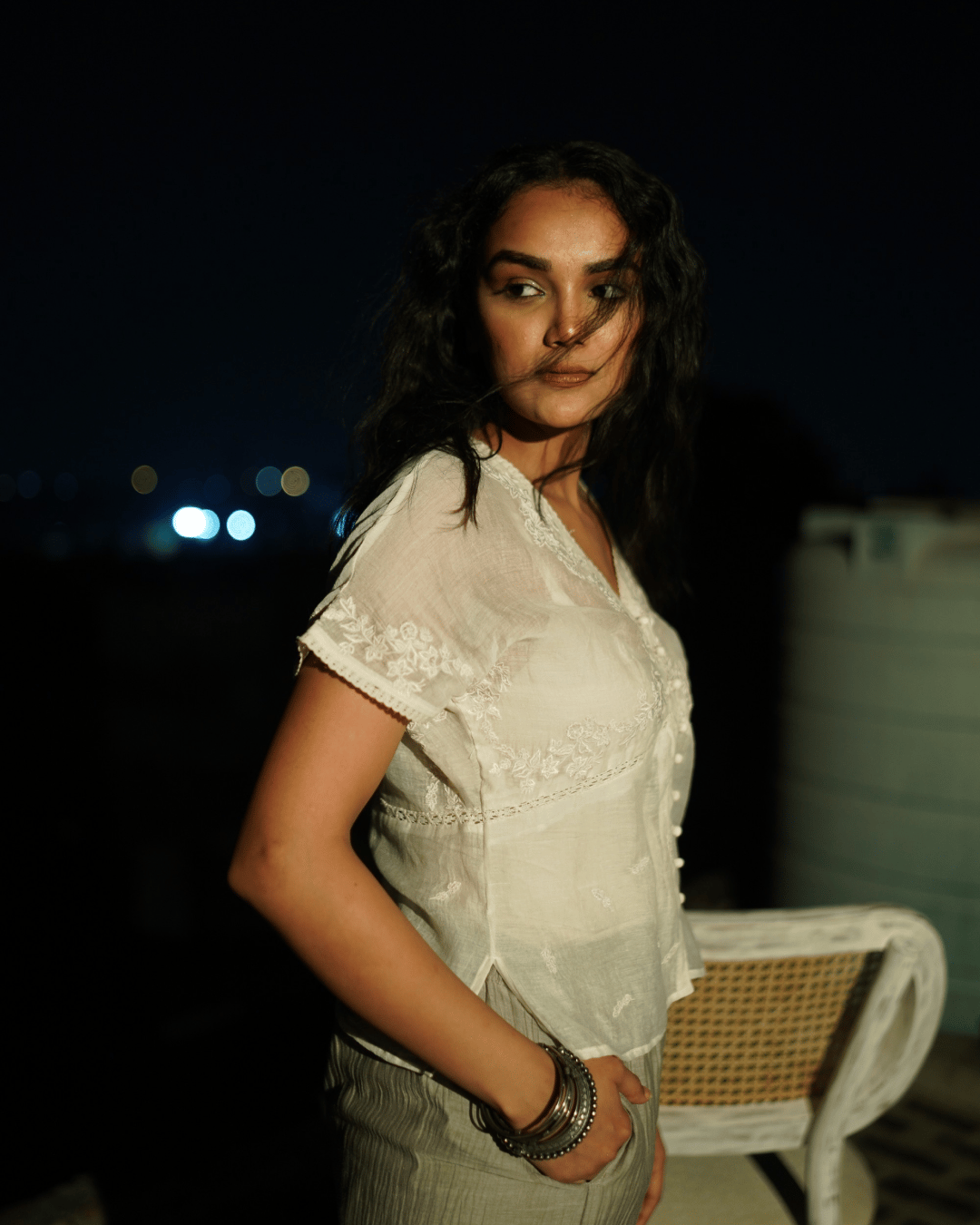 Resham Embroidered Potli Button Top - White-L