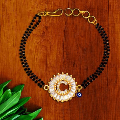 Evil Eye Customised Alphabet Initial Letters Baguette Cubic Zirconia 22K Gold Hand Mangalsutra Bracelet For Women-C