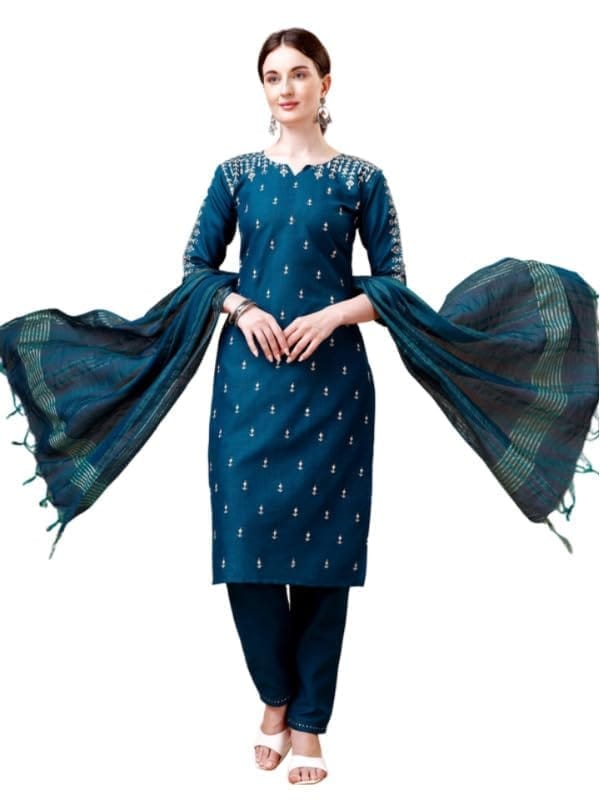 Women's Casual 3-4 th Sleeve Embroidery Cotton Kurti Pant Dupatta Set (Blue, L)-PID50245