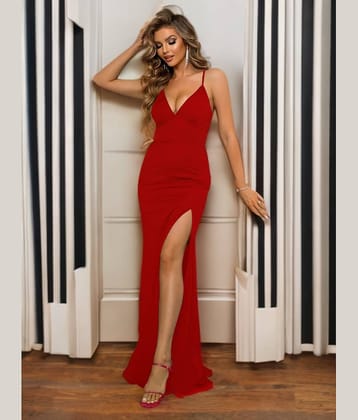 Traquila Women Lycra Solid Side Slit Dress ( Red )