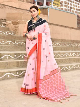 Light Pink Cotton Handloom Butti Weaving Saree