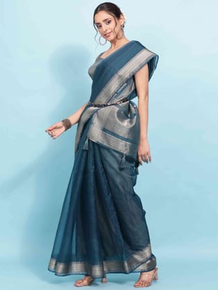 Blue Bhagalpuri Plain Organza Tissue Silk Saree