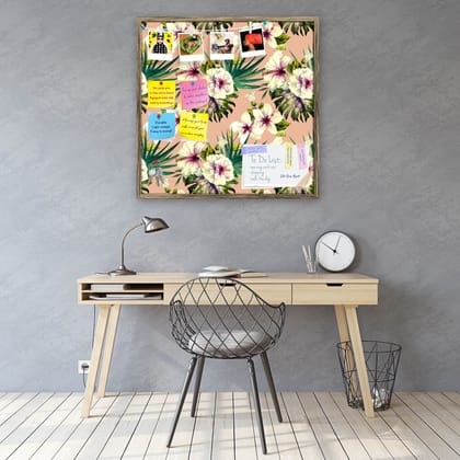 Watercolor Hibiscus D3 Bulletin Board Notice Pin Board Soft Board | Framed-Antique Gold Frame / 12 x 12 inch (30 x 30 cms)