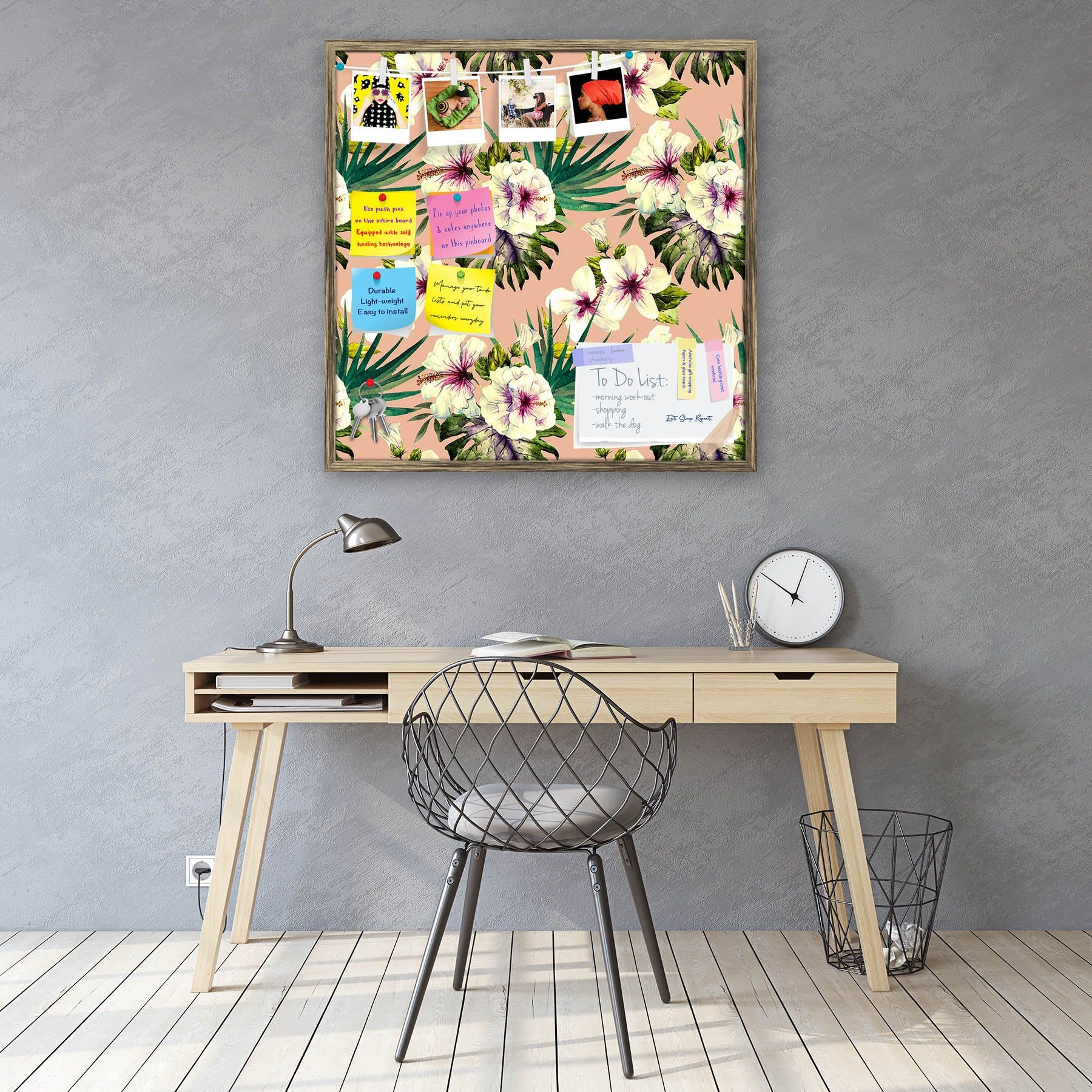 Watercolor Hibiscus D3 Bulletin Board Notice Pin Board Soft Board | Framed-Antique Gold Frame / 12 x 12 inch (30 x 30 cms)