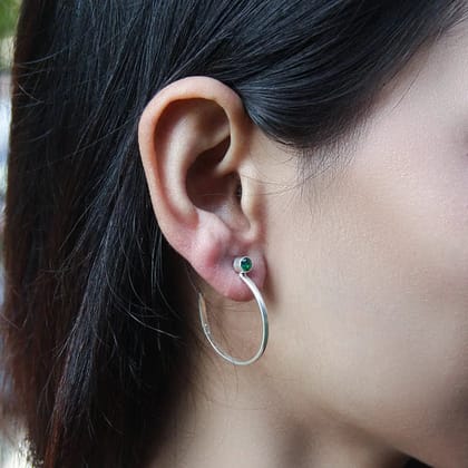 Silver Hoops with Green Stud