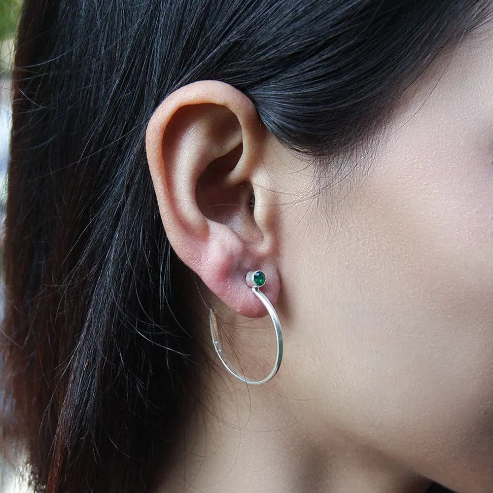 Silver Hoops with Green Stud