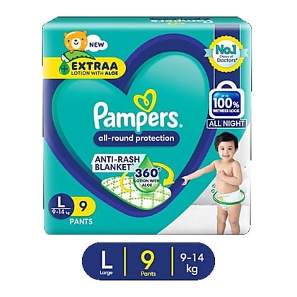 Pampers Diaper Pants - Large, All Round Protection, Anti-rash Blanket, New & Improved, 9 pcs