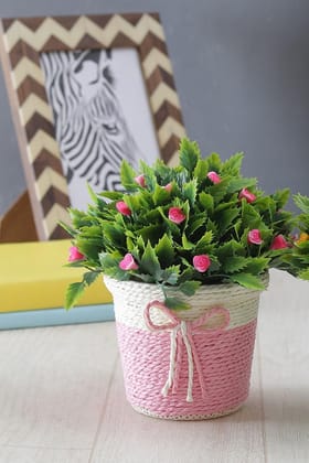 Foliyaj Artificial Shemrock Leaf Plant Bush in Faux Jute Pink Plastic Pot with Pink Flowers for Home Decor |Decoration Items for Living Room|Decorative Table Top Indoor Plants Bonsai for Office Desks