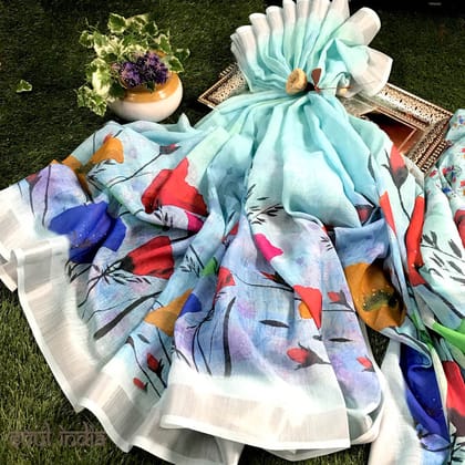 Linen Cotton Floral saree with Zari Border