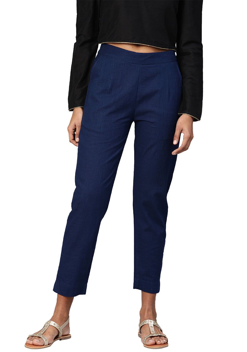 Navy Blue Straight Fit Solid Regular Trousers-26