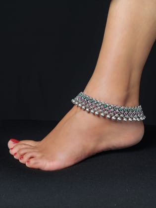 Traditional Design 925 Silver Anklet/Payal-925 Pure Silver / Silver with Pink/Green Gemstones