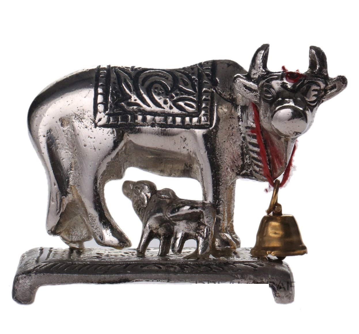 DreamKraft Metal Kamdhenu Cow and Calf Ovel Silver