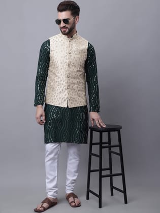Men's Pure Cotton Dark Green Kurta and White Pyjama With Beige Nehru Jacket Set-38