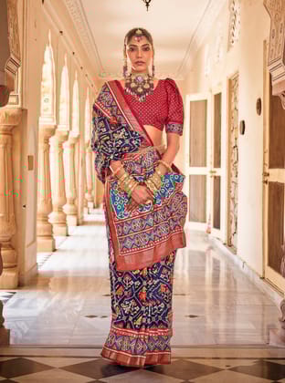 Navy Blue Printed Patola Silk Saree