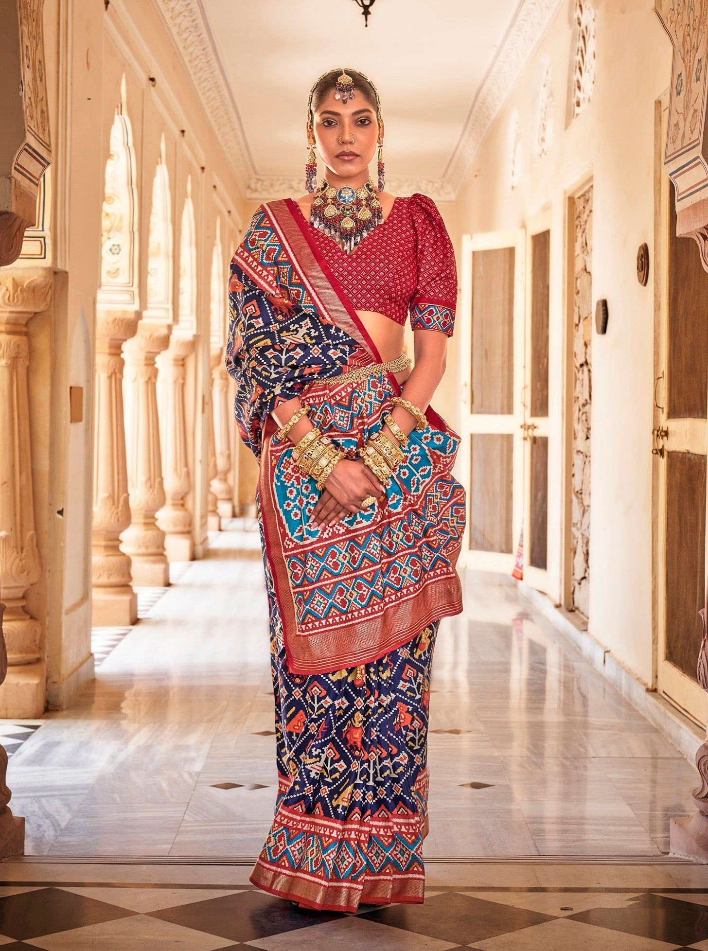 Navy Blue Printed Patola Silk Saree