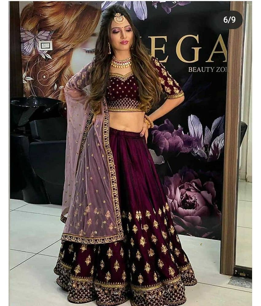 kedar fab Purple Velvet Circular Semi Stitched Lehenga Single