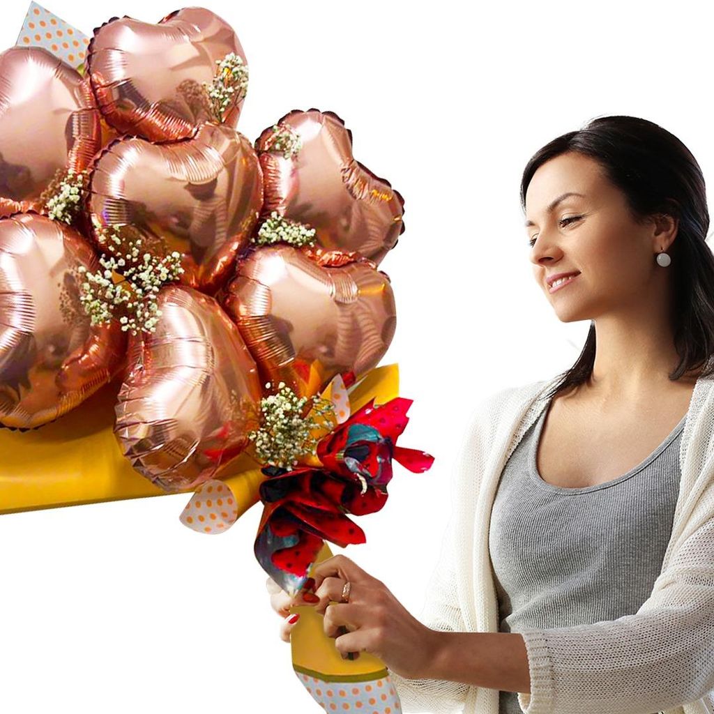 Rose Gold Heart Shape Foil Balloon Set w/ Gymsum Flowers - Air Filled - 10 inches - 7PC - Flowers | Buy online on ZillyBuy