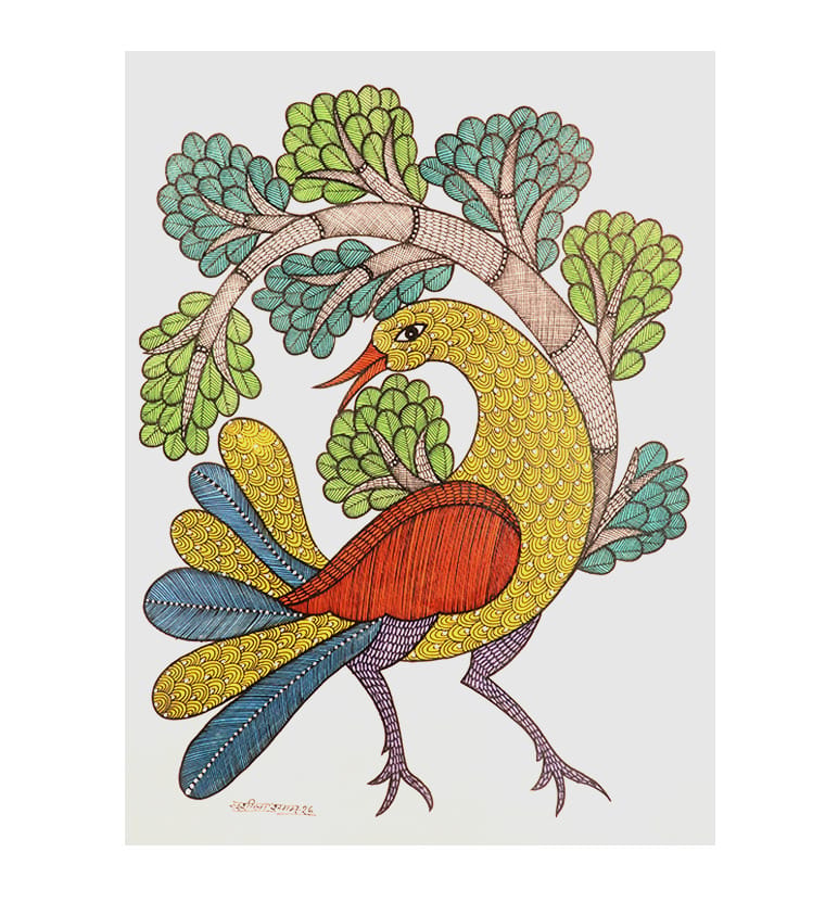 Handcrafted Gond Bird with Tree Painting – Tribal Folk Art