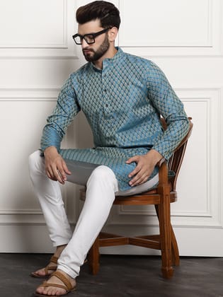 Men's Silk Blend Self design Peacock Blue Kurta With Cream Churidaar Pyjama-36