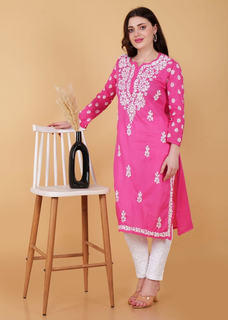 Pure Cotton Hand Embroidered Chikankari Kurta -Pink