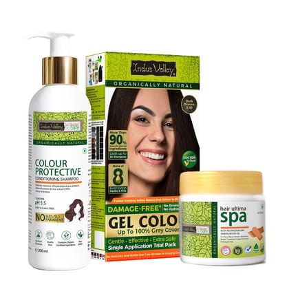 INDUS VALLEY Damage Free Ammonia & PPD Free Organic Gel Hair Color Dark Brown Trial Pack with Colour Protection Shampoo (200 ml) + Hair Ultima Spa (175 ml) INDUS VALLEY Damage Free Ammonia & PPD Free Organic Gel Hair Color Dark Brown Trial Pack with Colo