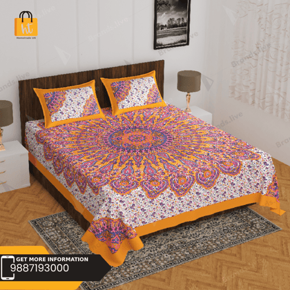 3001-Hometrade India-Standard King Size (90*108 Inches)-Pure Cotton Jaipuri Double Bedsheet With Matching Pillow Cover