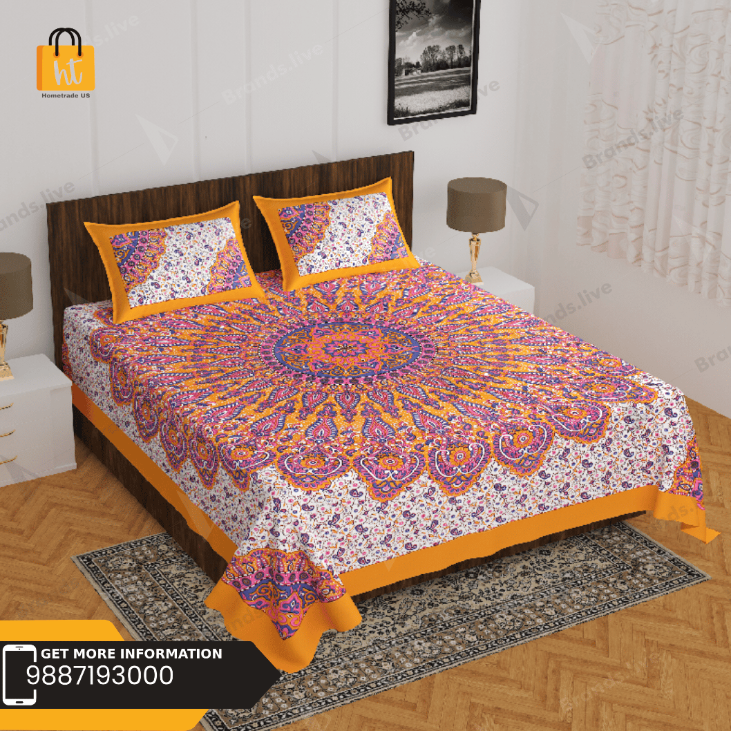 3001-Hometrade India-Standard King Size (90*108 Inches)-Pure Cotton Jaipuri Double Bedsheet With Matching Pillow Cover