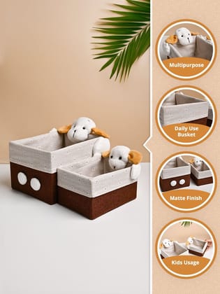 VON CASA Multi Purpose 2Pcs Fabric Basket / Organizer- Teddy Face Design