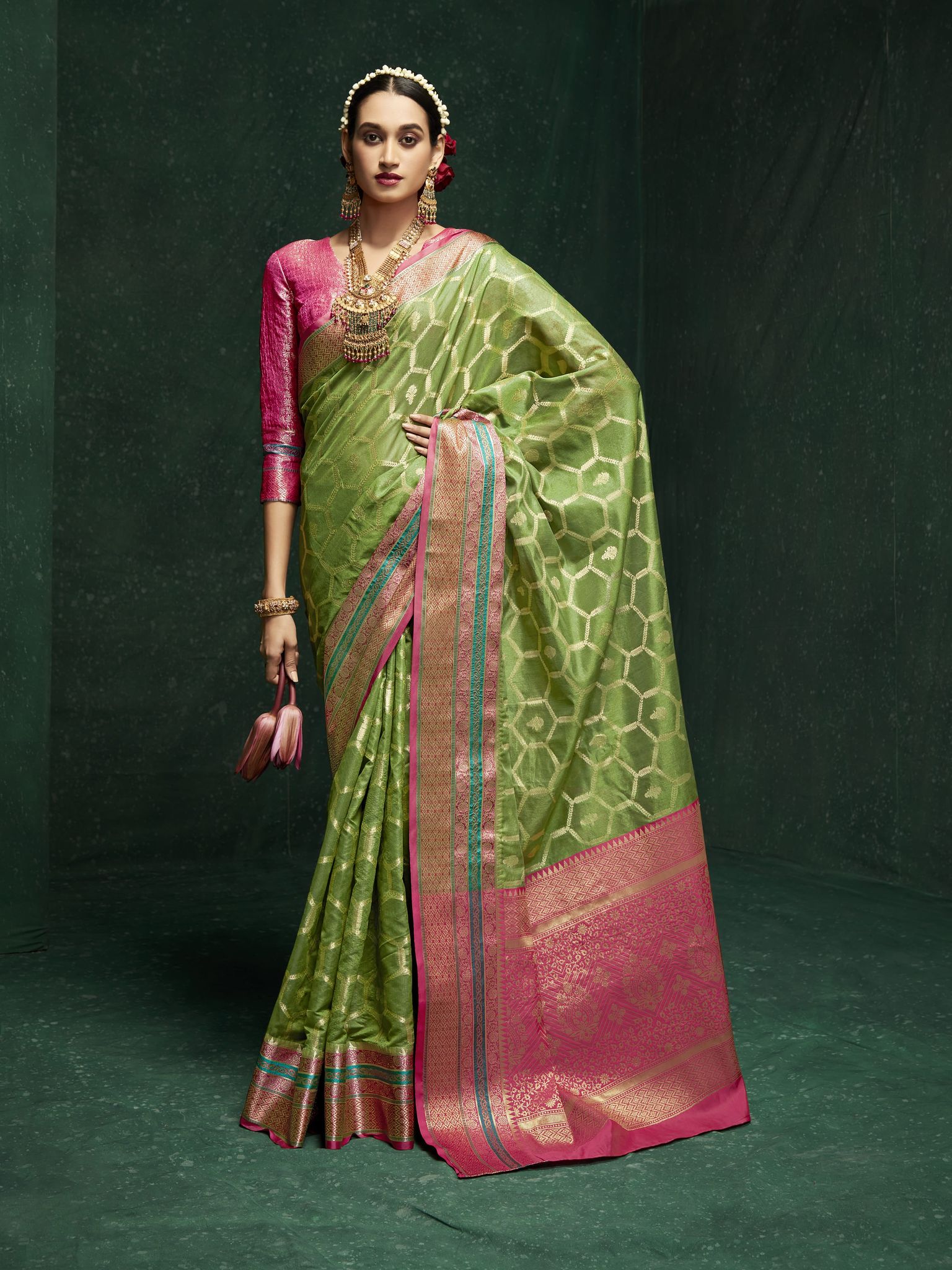 Olive Green Cotton Silk Geometric Banarasi Saree
