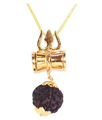 RUDRAKSHA DAMRU CHAIN KAVACH 100% Original 5 face rudraksha Stylish Damru Design and Gold Plated Chain RUDRA DIVINE self Certified - Golden