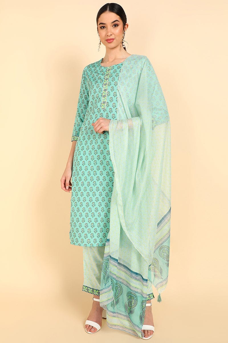 Sea Green Polyester Floral Print Straight Suit Set PKSKD1170