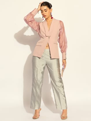 Pink Puffed-Sleeves Split Joint Lapel Top In Stretchable Fabric-XS