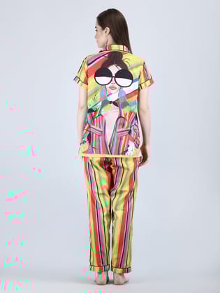 Women's Lounge Wear Night Suit Swiss cotton-Attractive Digital Print Yellow-M