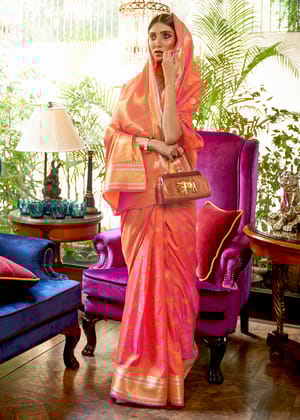Appricot Peach Woven Smooth Satin Silk Banarasi Saree
