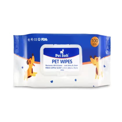 Buraq Pets Anti-Bacterial 100 Pcs Pet Wipes, Fresh Apple Scent for Daily Care, Dry Bathing, Deodorising & Grooming Wet Wipes (20 x 15 cm)-1