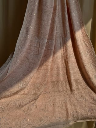 Viscose Peach Chikankari saree with Pearl embellishments-Peach