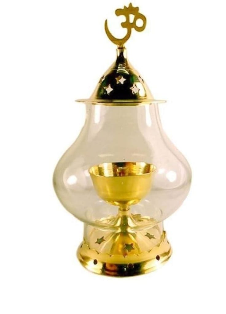 Brass Akhand Diya with Borosilicate Glass for Puja Home Temple Oil Lamp Tea Holder - Pooja Needs | Buy online on ZillyBuy