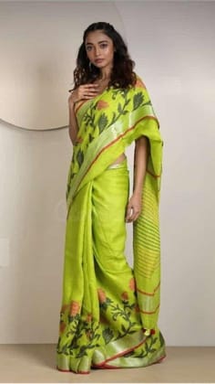 Beautiful Green Color Flora Weave Linen Digital Printed Sari 1407