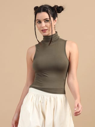 Women Stretchable Tank Top, Sleeveless, Viscose Lycra, Olive-XS / Olive