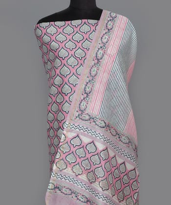 2pc Pink grey handblock print cotton silk dress material