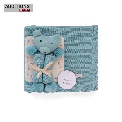 Teddy Bear- Baby Blue Cotton Knitted All Season AC Blanket with Cuddle Cloth Set for Babies (Set of 2 - Blanket & Soft Toy )-Baby blue