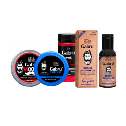 GABRU Hair Styling Wax (75gm), Beard Oil (50ml), Mooch Wax (75gm) and Volume Powder (20gm) Combo
