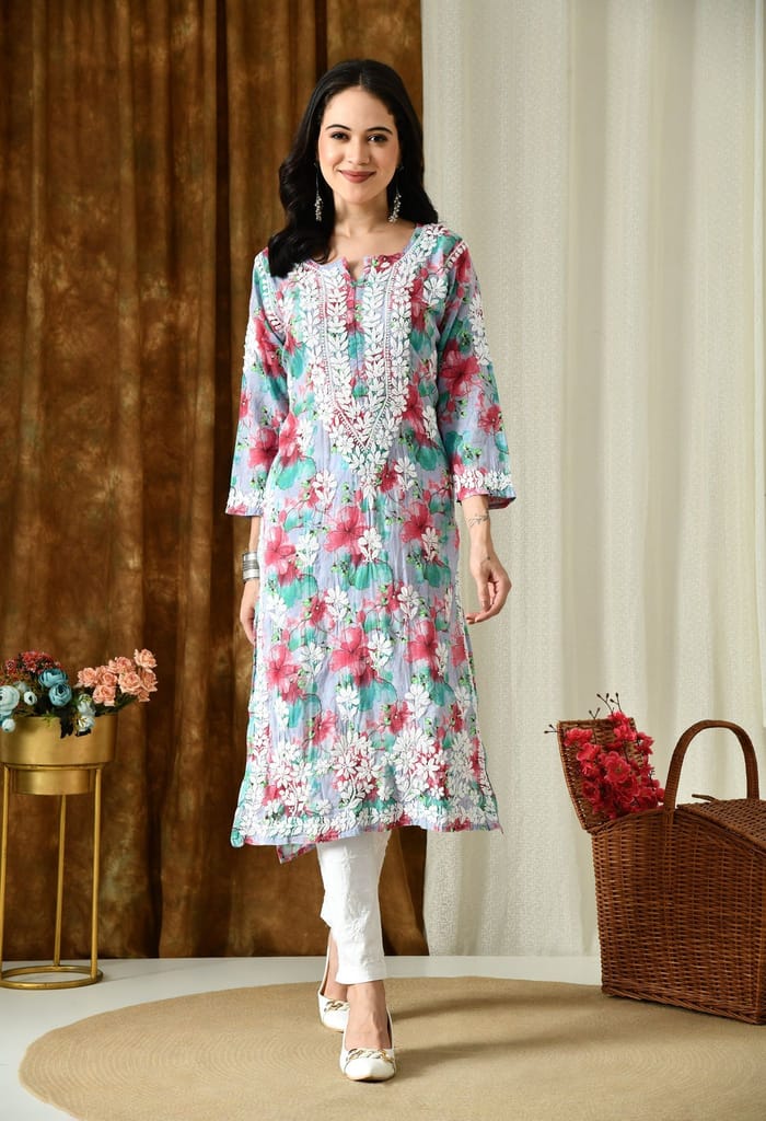 Multi color Mulmul Pure Cotton Lucknow Chikankari Kurta -Lavender