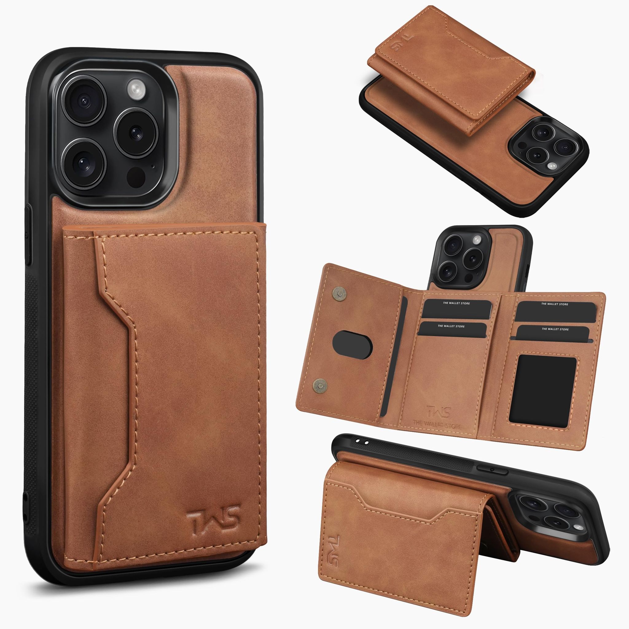 The Wallet Store Premium Leather iPhone Case Cover With Detachable Cardholder - Tan - iPhone 15 Pro Max