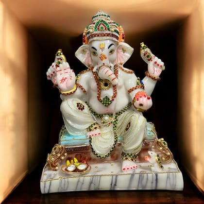 White Marble Look Ganesha with Mushak ,Chauki Ganesha Decorative Statue, Murti H – 42 cm-Composite Marble