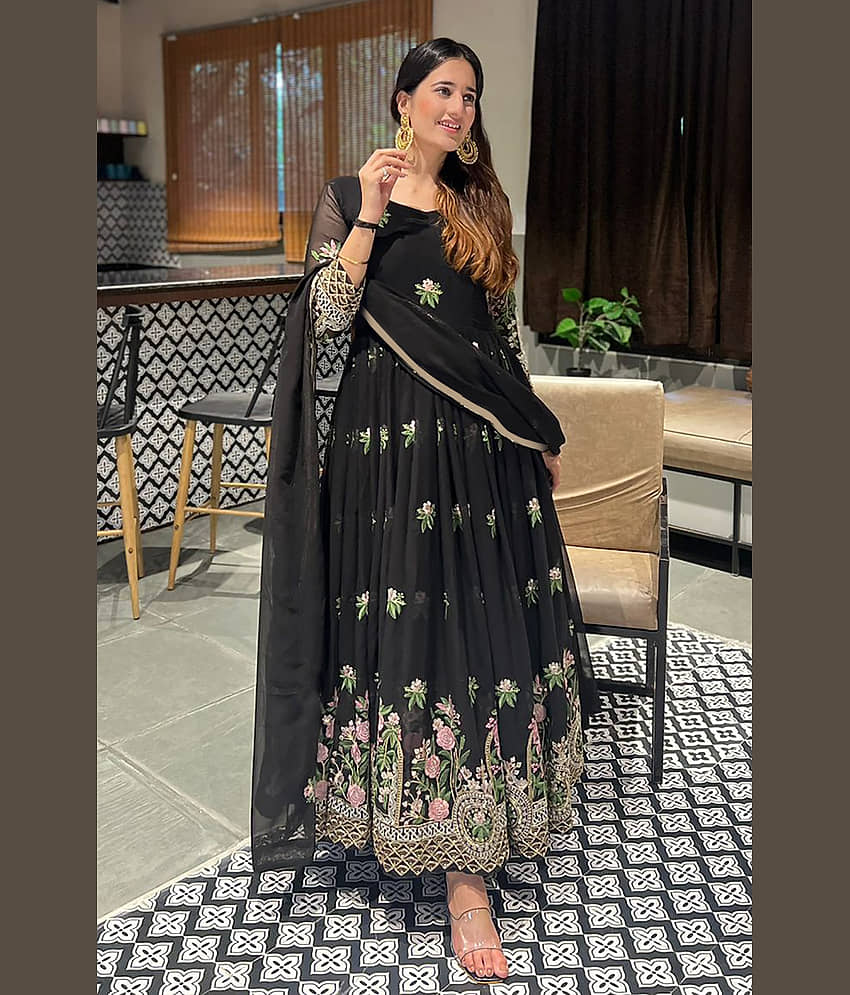 kedar fab Black Anarkali Georgette Women's Stitched Ethnic Gown ( Pack of 1 )
